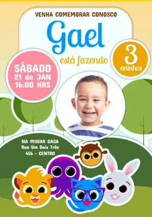 Convite Aniversário Bolofofos com Foto para Editar Online