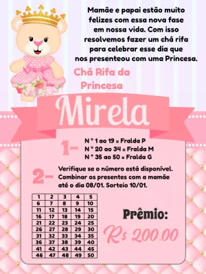 Convite Chá Rifa Ursinha Princesa Editável para Imprimir