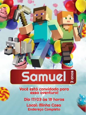 Convite de Aniversário Minecraft com Personagens para Editar