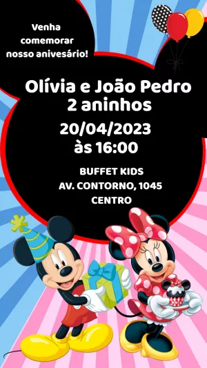Convite Aniversário Mickey e Minnie para Editar Online