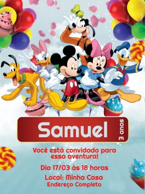 Convite de Aniversário Turma do Mickey em Festa para Editar