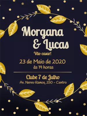 Convite de Casamento Folhas Douradas e Azul para Editar Online