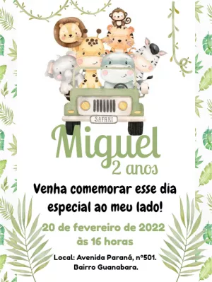 Convite de Aniversário Safari com Animais Fofos para Editar