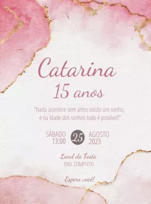 Convite de 15 Anos Marmorizado Rosa e Dourado para Editar