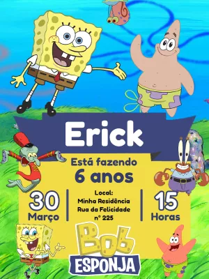 Convite de Aniversário Bob Esponja com a Turma para Editar Online
