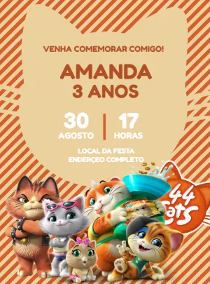 Convite Aniversário 44 Gatos para Editar Online