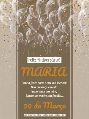 Convite de Aniversário com Balões e Confete para Editar Online