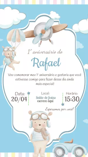 Convite de Aniversário Ursinho Aviador para Editar Online