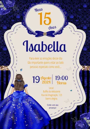 Convite 15 Anos Princesa Azul Royal para Editar Online