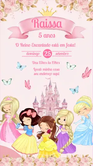 Convite Aniversário Princesas Disney Fofas para Editar Online