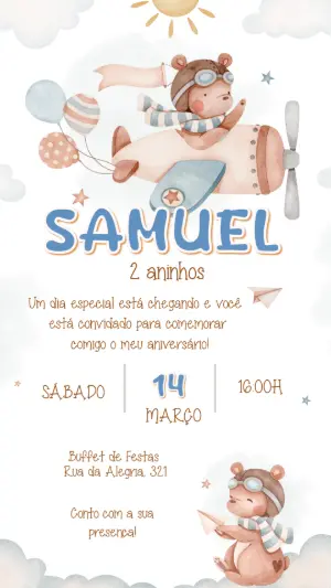 Convite de Aniversário Ursinho Aviador Aquarela para Editar