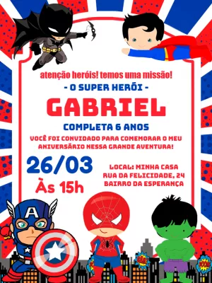 Convite de Aniversário Super Heróis para Editar Online
