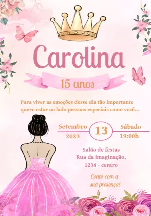 Convite 15 Anos Princesa Rosa com Coroa para Editar Online