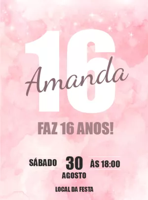 Convite de 16 Anos Aquarela Rosa para Editar Online e Imprimir