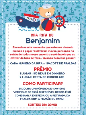 Convite de Chá Rifa Ursinho Marinheiro para Editar Online