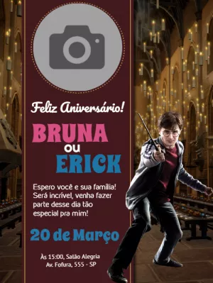 Convite Aniversário Harry Potter com Foto para Editar Online
