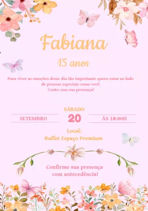Convite de 15 Anos Floral com Borboletas para Editar Online