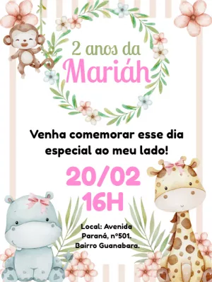 Convite Aniversário Safari Rosa com Animais para Editar Online