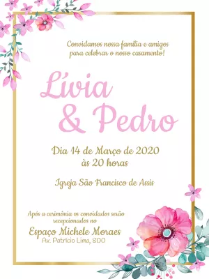 Convite de Casamento Floral Rosa e Dourado para Editar Online