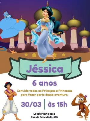 Convite Aniversário Jasmine e Aladdin para Editar Online