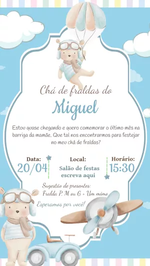 Convite Chá de Fraldas Ursinho Aviador para Editar Online