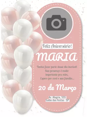 Convite de Aniversário Balões com Foto para Editar Online