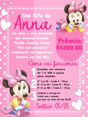 Convite Chá Rifa Minnie Baby Rosa para Editar Online