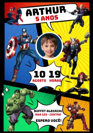 Convite Aniversário Vingadores com Foto para Editar Online