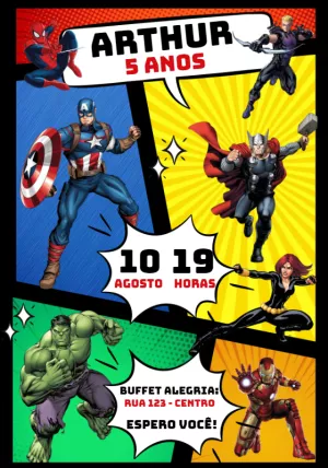 Convite de Aniversário Vingadores Estilo Gibi para Editar