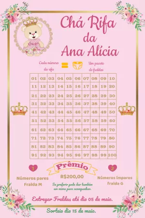 Rifa Chá de Bebê Ursinha Princesa para Editar Online