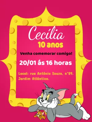Convite Aniversário Tom e Jerry Rosa para Editar Online