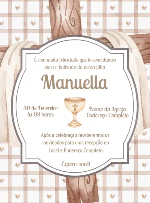 Convite de Batizado Rústico com Cruz de Madeira para Editar