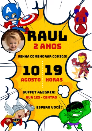 Convite Aniversário Vingadores com Foto para Editar Online