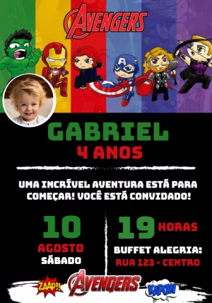 Convite Aniversário Vingadores com Foto para Editar Online