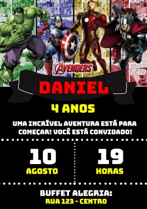 Convite de Aniversário Vingadores para Editar Online e Imprimir