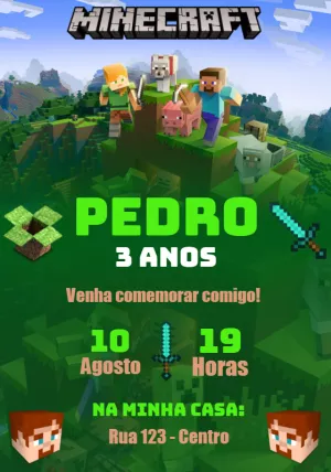 Convite Aniversário Minecraft com Personagens para Editar Online
