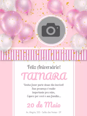 Convite de Aniversário Balões Rosa com Foto para Editar Online