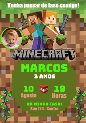 Convite Aniversário Minecraft com Foto para Editar Online
