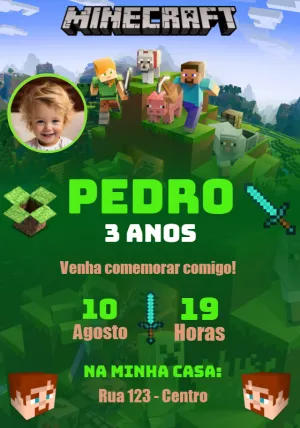 Convite de Aniversário Minecraft com Foto para Editar Online