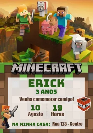 Convite de Aniversário Minecraft com Personagens para Editar