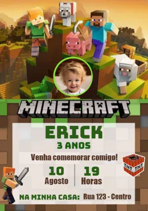 Convite de Aniversário Minecraft com Foto para Editar Online