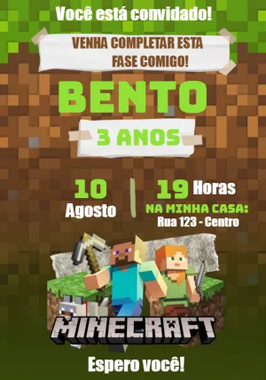 Convite de Aniversário Minecraft com Personagens para Editar