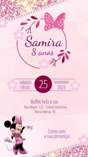 Convite de Aniversário Minnie Rosa com Glitter para Editar Online