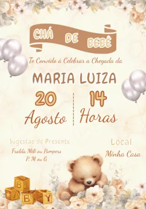 Convite Chá de Bebê Ursinho com Flores para Editar Online