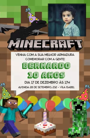 Convite Aniversário Minecraft com Foto para Editar Online