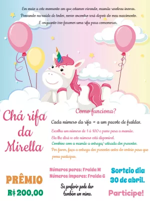 Convite Chá Rifa Unicórnio Fofo para Editar Online