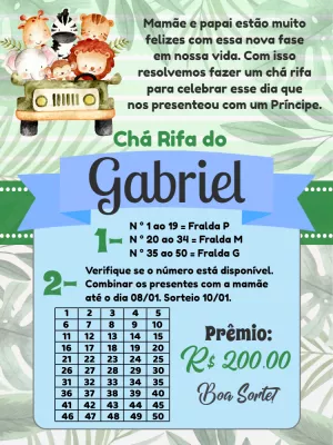 Convite Chá Rifa Safari com Animais para Editar Online