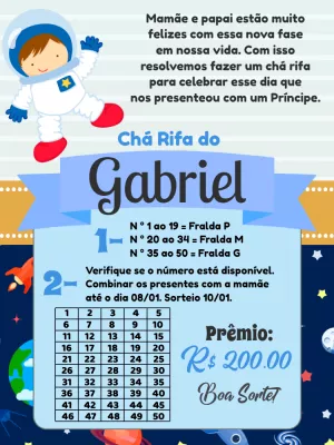 Convite Chá Rifa Astronauta Editável Online para Menino