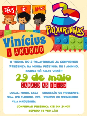 Convite Aniversário 3 Palavrinhas com Blocos para Editar