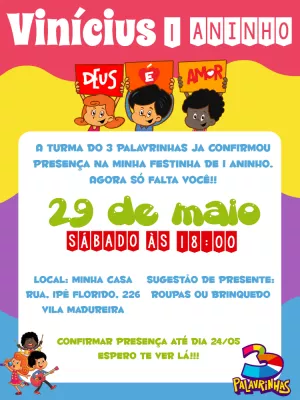 Convite Aniversário 3 Palavrinhas com Personagens para Editar